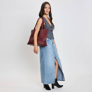 Solana Woven Vegan Leather Tote in Burgundy