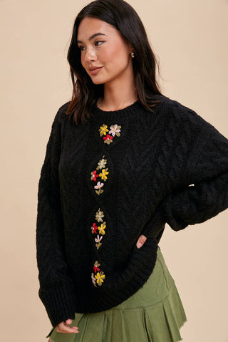 BLACK FLORAL CABLE KNIT SWEATER