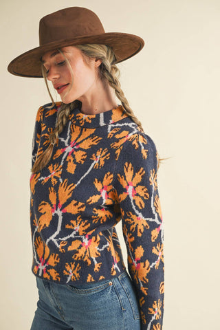 Floral Mock Neck Sweater in Navy