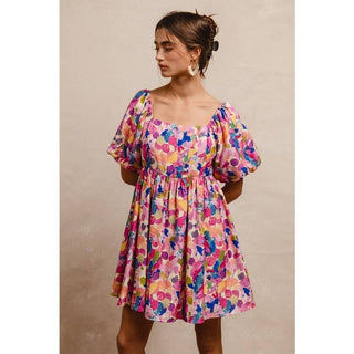 Multi Floral Balloon Sleeve Dress