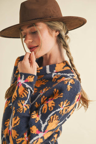 Floral Mock Neck Sweater in Navy