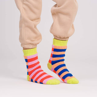 Super Stripe Knit House Socks in Peach Cobalt