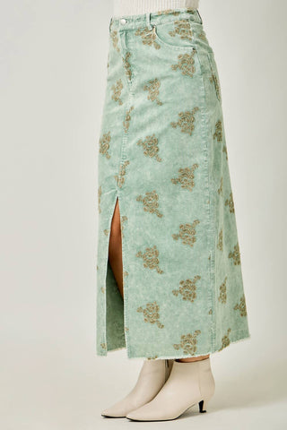 Embroidered Front Slit Corduroy Skirt in Washed Black