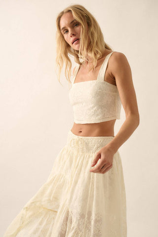 Floral Lace Cropped Square-Neck Tank Top in Cream