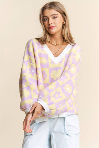 Floral Checkered Knit V Neck Sweater