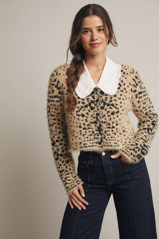 Fuzzy Leopard Button-Up Cardigan in Taupe