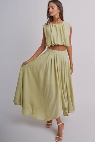 Pleated High-Low Maxi Skirt in Sage