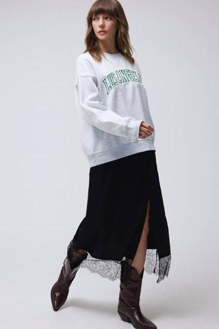 Lace Trim Slit Midi Skirt in Black