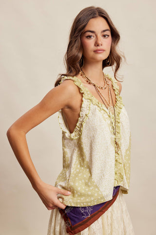 Ruffle Trim Patchwork Tank in Light Olive