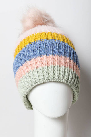 Multi Pastel Stripe Knit Pom Beanie