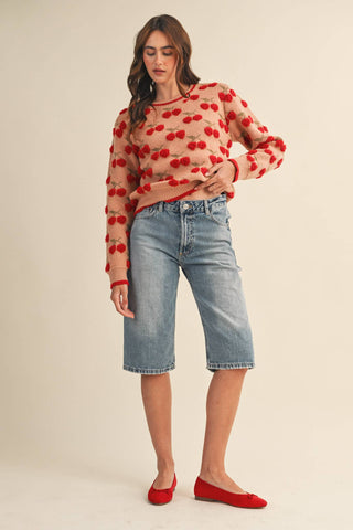 Fuzzy Cherry Sweater in Taupe