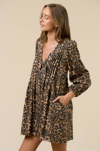 Pleated Long Sleeve Leopard Romper