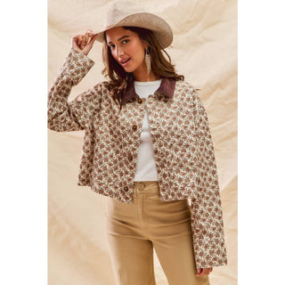Floral Cropped Jacket With Corduroy Collar