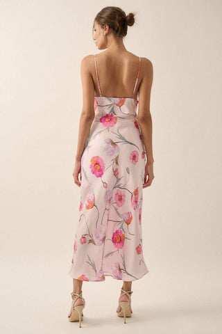 Floral Satin Maxi Slip Dress in Soft Pink