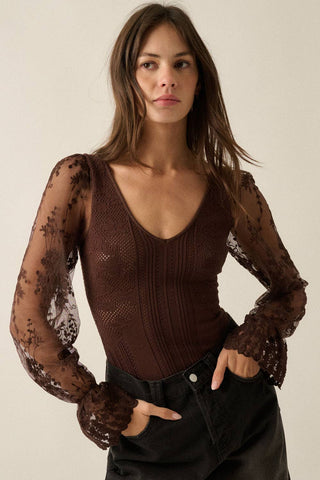 Bubble-Sleeve Bodysuit in Deep Brown