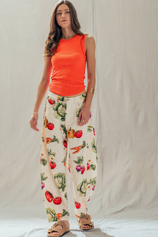 Vegetable Garden Print Barrel Leg Pants