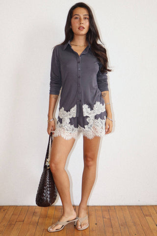 Lace Trim Flowy Shorts in Vintage Navy