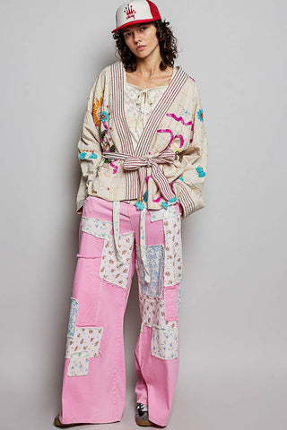 Tie-Belt Embroidery Kimono Cardigan