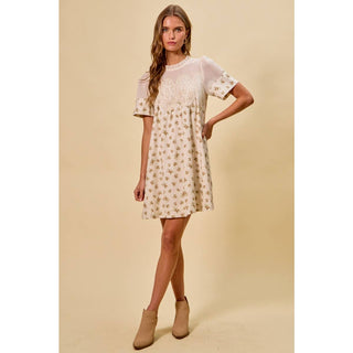 Floral Lace Mini Dress in Beige