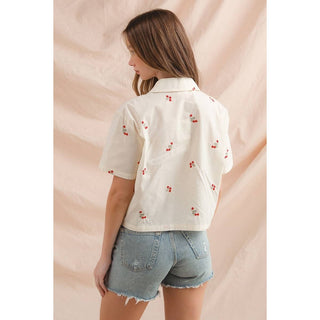 Floral Embroidered Button Down in Cream