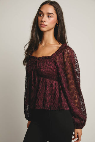 Pleated Lace Peplum Blouse in Burgundy