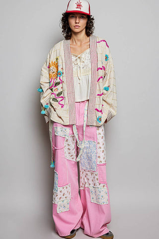 Tie-Belt Embroidery Kimono Cardigan