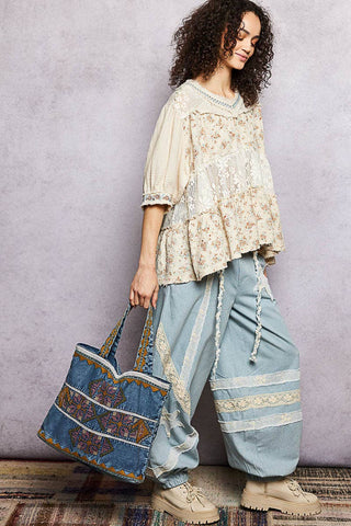 Embroidered Vintage Wash Denim Tote Bag