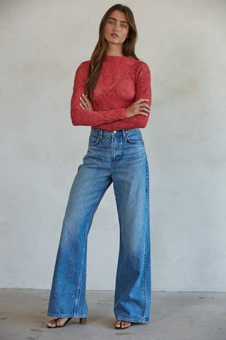 Knit Jacquard Mock Neck in Crimson