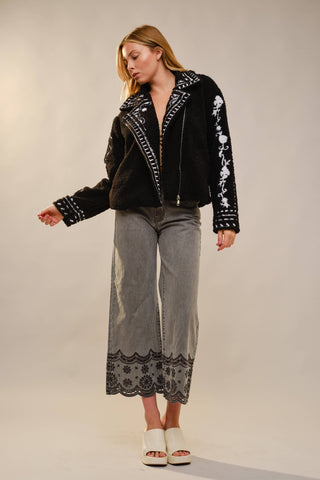 Embroidered Sherpa Rider Jacket in Black