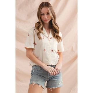 Floral Embroidered Button Down in Cream