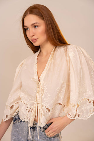 Puff Sleeve Eyelet Blouse in Ivory