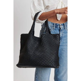 Solana Woven Vegan Leather Tote in Black
