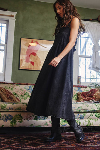 Square Neck Denim Midi Dress in Black