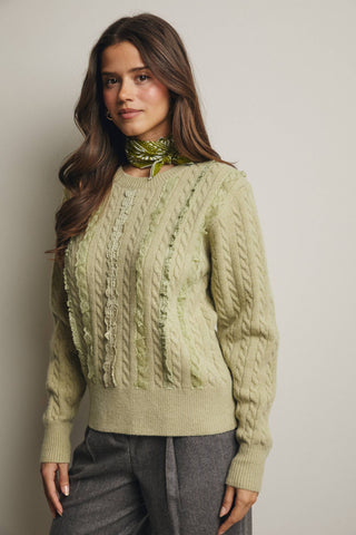 Lace Trim Cable Knit Pullover  in Matcha