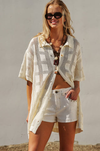 Open-Knit Collared Tunic in Ivory