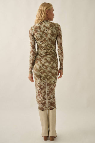 Floral Mesh Long-Sleeve Mock-Neck Midi Dress in Olive