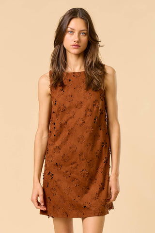 Flower Cut-Out Suede Dress in Brown
