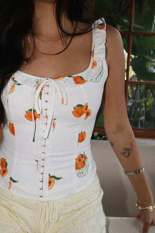 Peach Print Bustier Top with Tie in Lemon