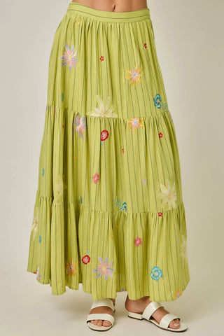 Embroidered Tiered Skirt in Green Tea