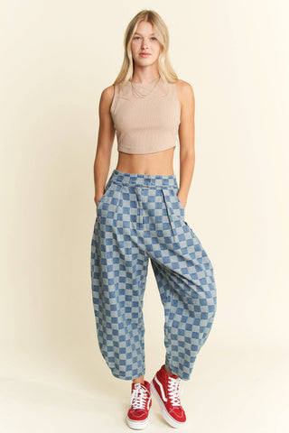 Checkered Barrel Pants in Denim