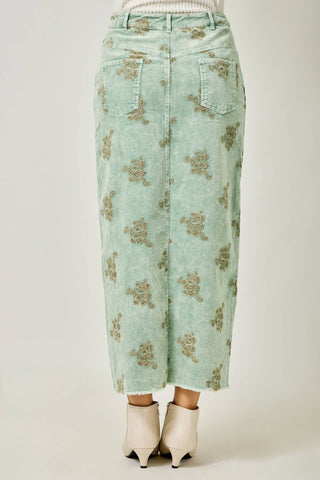 Embroidered Front Slit Corduroy Skirt in Washed Black