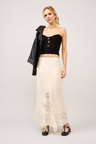 Satin Lace Maxi Skirt in Cream