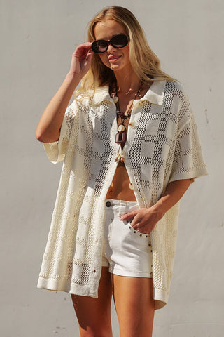Open-Knit Collared Tunic in Ivory