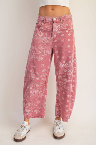 Mineral Washed Paisley Barrel Jeans in Dusty Rose