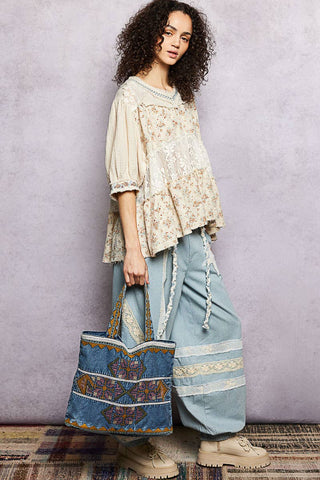 Embroidered Vintage Wash Denim Tote Bag