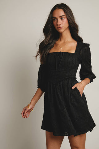 Lace Puff Sleeve Mini Dress in Black