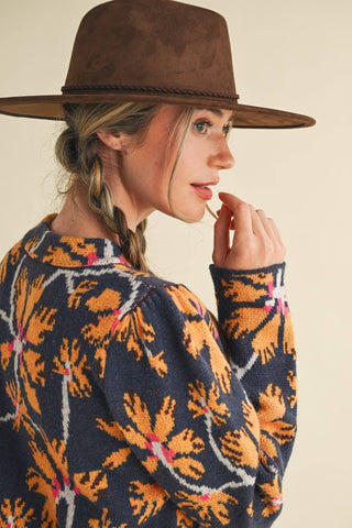 Floral Mock Neck Sweater in Navy
