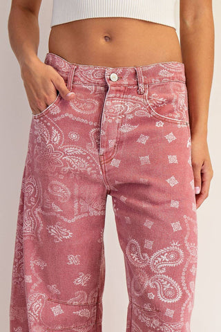 Mineral Washed Paisley Barrel Jeans in Dusty Rose