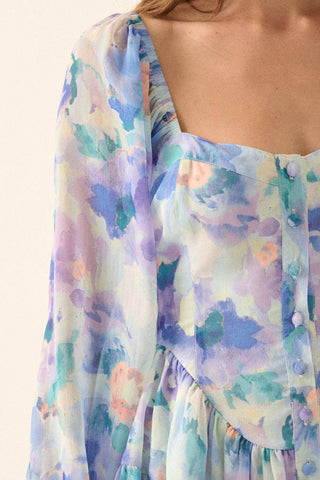 Bubble-Sleeve Mini Romper Dress in Periwinkle Blue