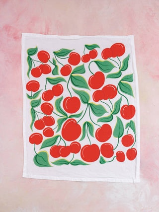 Cherry Tart Playful Fruit Illustrated Flour Sack Tea Towel